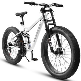 A26309 26 Inch Mountain Bike,Full-Suspension 21 Speeds Drivetrain With Disc-Brake Bicycle, Fat Tire Bike For Men (Color: White)